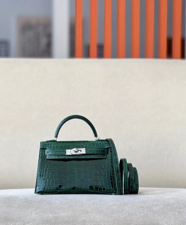 Hermes Mini Kelly Shiny Alligator crocodile 67 Dark green Silver Hardware 19cm Full Handmade