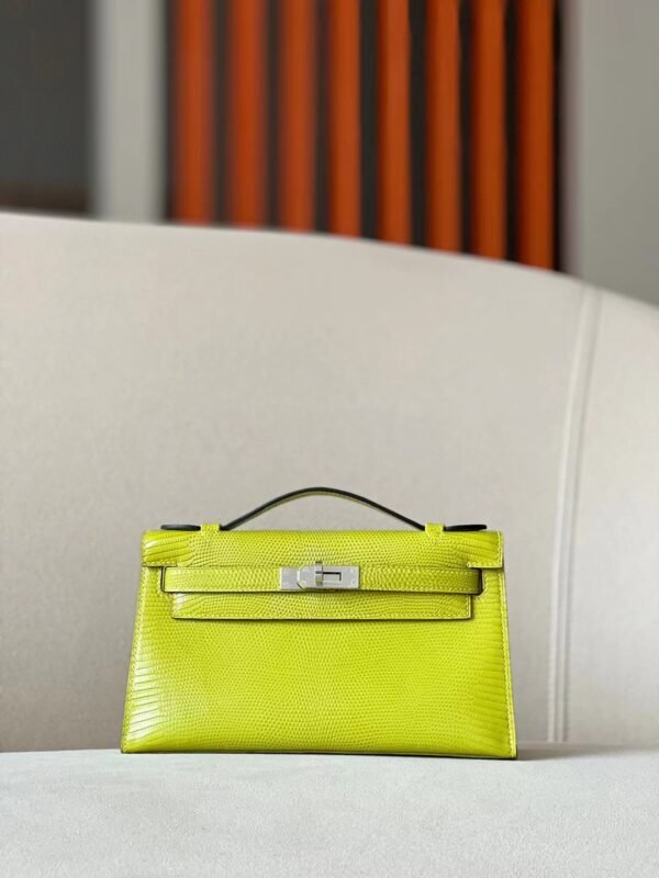 Hermes Mini Kelly pochette Lizard Leather 66 yellow-green Silver Hardware 22cm Full Handmade