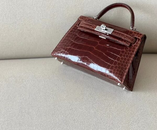 Hermes Mini Kelly Shiny Alligator crocodile Reddish Brown Silver Hardware 19cm Full Handmade