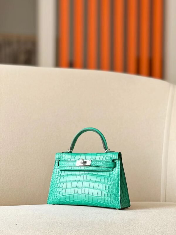 Hermes Mini Kelly Matte Alligator crocodile 06 turquoise Silver Hardware 19cm Full Handmade