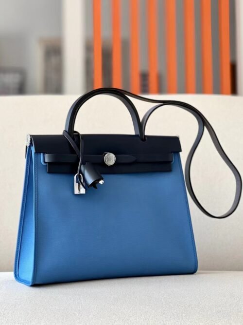 Hermes Herbag Barenia & Canvas Bright Blue & Black Silver Hardware 31cm Full Handmade