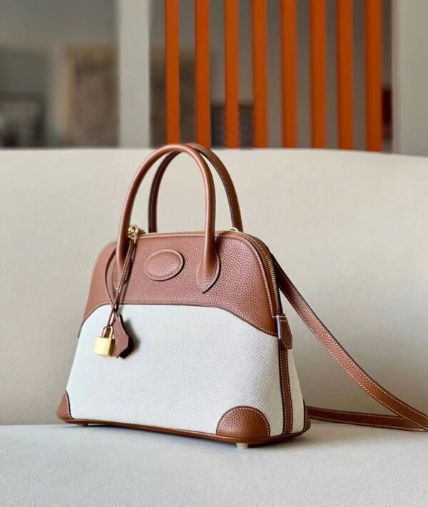 Hermes Bolide Swift & Canvas Golden Brown & White Gold Hardware 31cm Full Handmade