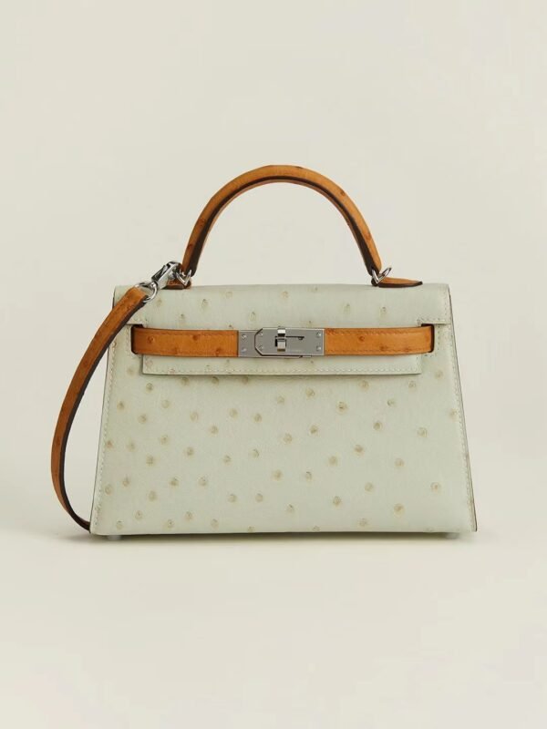 06a28f5c81c6af8-1 GPC Mode mini kelly Ostrich skin Ice White & Desert color Silver Hardware 19cm Full Handmade
