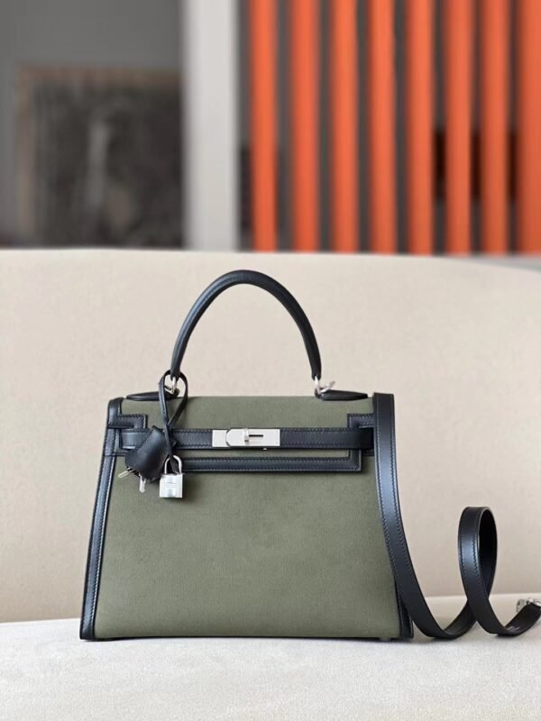 07ee291259d6a59 Hermes Kelly Swift & Canvas 61 army green & CK89 Black Silver Hardware 28cm Phw Full Handmade