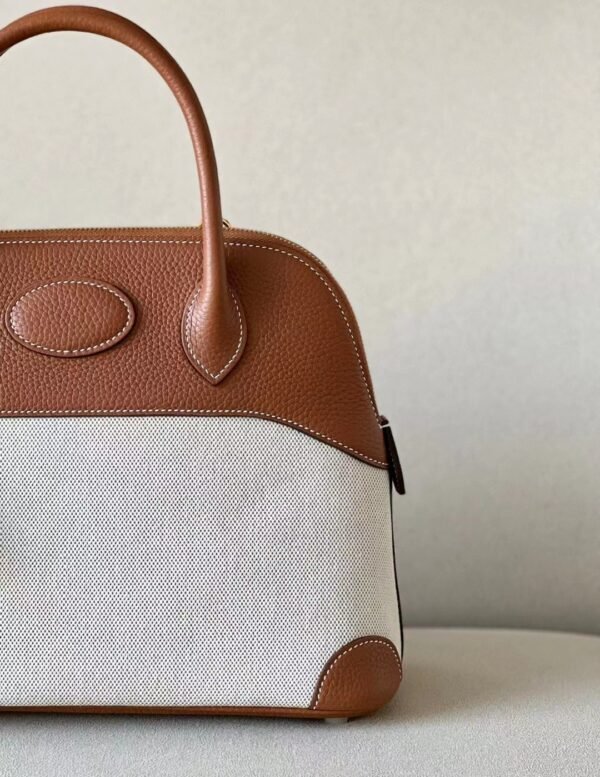 Hermes Bolide Swift & Canvas Golden Brown & White Gold Hardware 31cm Full Handmade