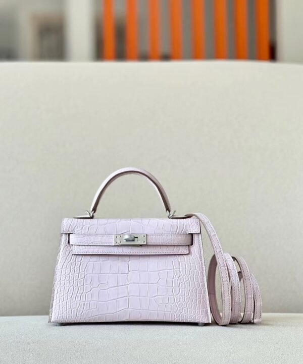 Hermes Mini Kelly wild Matte Alligator 09 Light Purple Silver Hardware 19cm Full Handmade