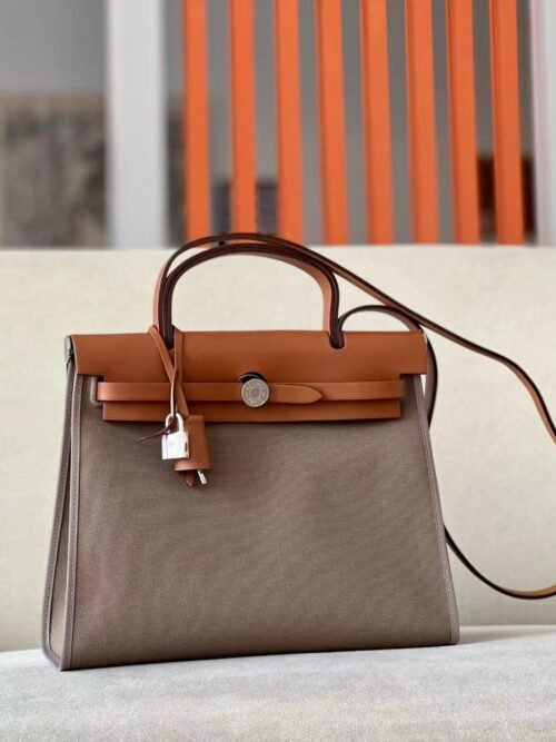 Hermes Herbag Barenia & canvas CK18 Etoupe Grey & Coffee Silver Hardware 31cm Full Handmade