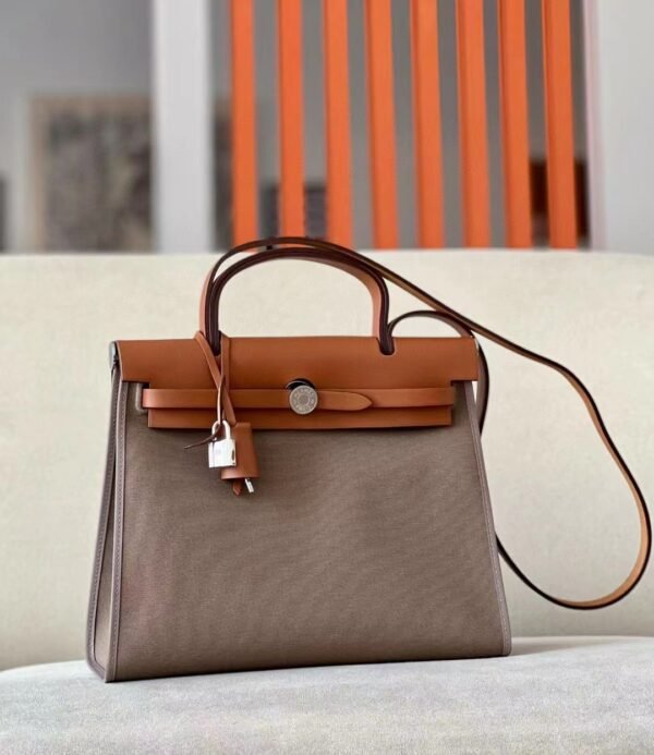 Hermes Herbag Barenia & canvas CK18 Etoupe Grey & Coffee Silver Hardware 31cm Full Handmade