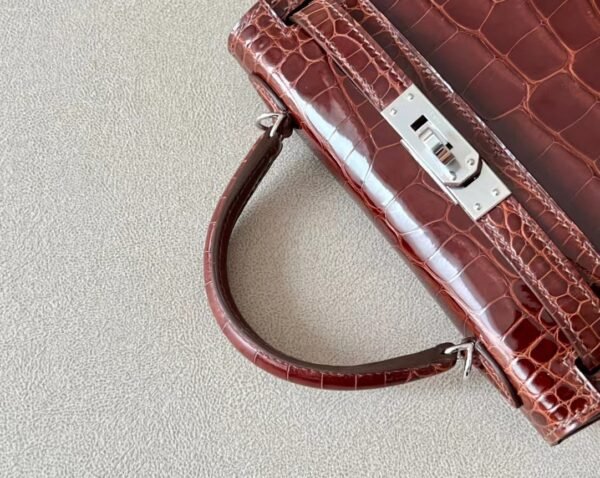 Hermes Mini Kelly Shiny Alligator crocodile Reddish Brown Silver Hardware 19cm Full Handmade