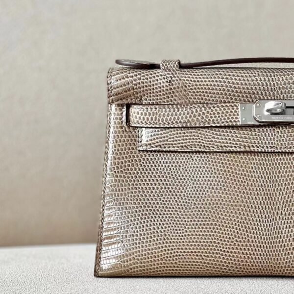 Hermes mini Kelly pochette Lizard CC17 Twine grey Silver Hardware 22cm Full Handmade