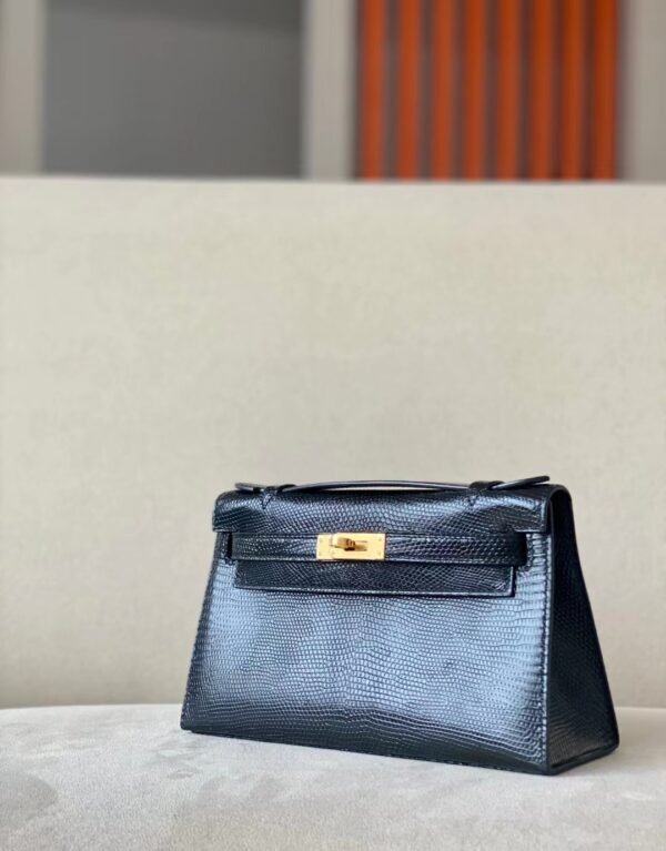 Hermes Mini Kelly pochette Lizard Dark blue Gold Hardware 22cm Full Handmade