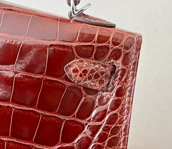 Hermes Mini Kelly Shiny Alligator crocodile Reddish Brown Silver Hardware 19cm Full Handmade