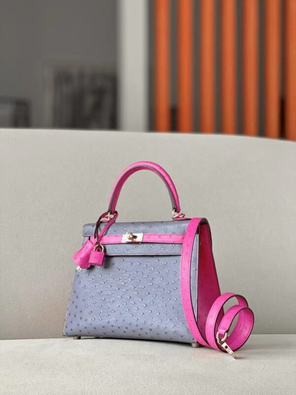 Hermes Kelly Ostrich 82 Agate grey & E5 Candy Pink Rose Gold Hardware 25cm Full Handmade