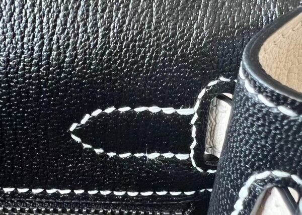 Hermes Kelly Chevre CK89 Black & Creamy White Silver Hardware 25cm Full Handmade