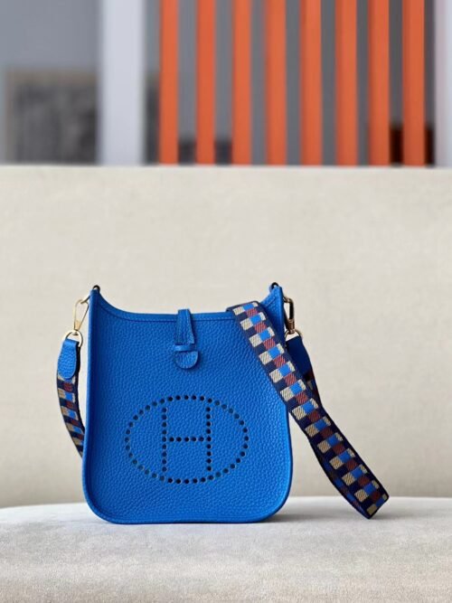 Hermes Evelyne TC 08 Bright Blue Gold Hardware 17cm Full Handmade