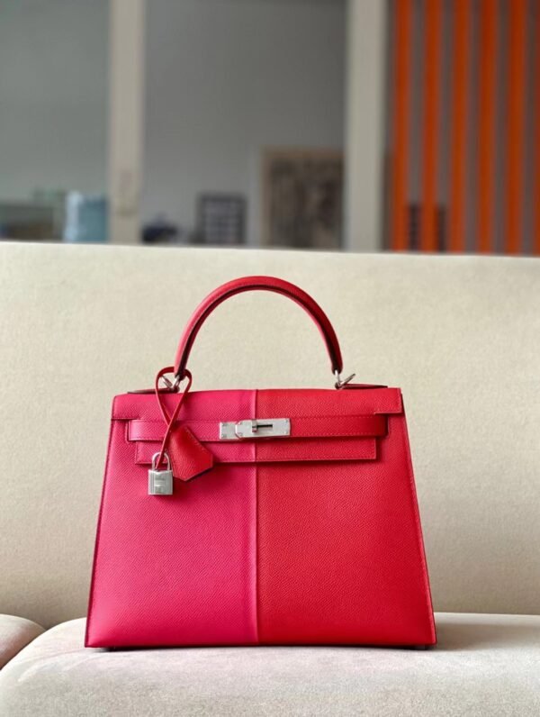 Hermes Kelly Epsom S3 Bright Red & i6 Rose Pink & B3 Blue Silver Hardware 28cm Full Handmade