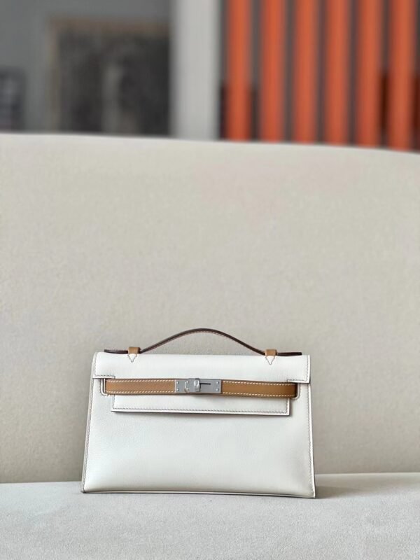 Hermes mini Kelly pochette Swift CC10 Creamy White & 4B Khaki Silver Hardware 22cm Full Handmade