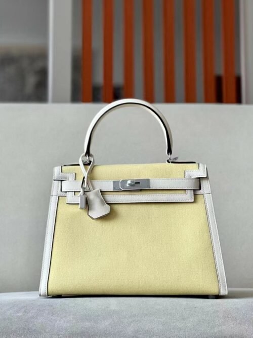 Hermes Kelly swift & canvas 1Z Light Yellow & Creamy White Silver Hardware 28cm Full Handmade
