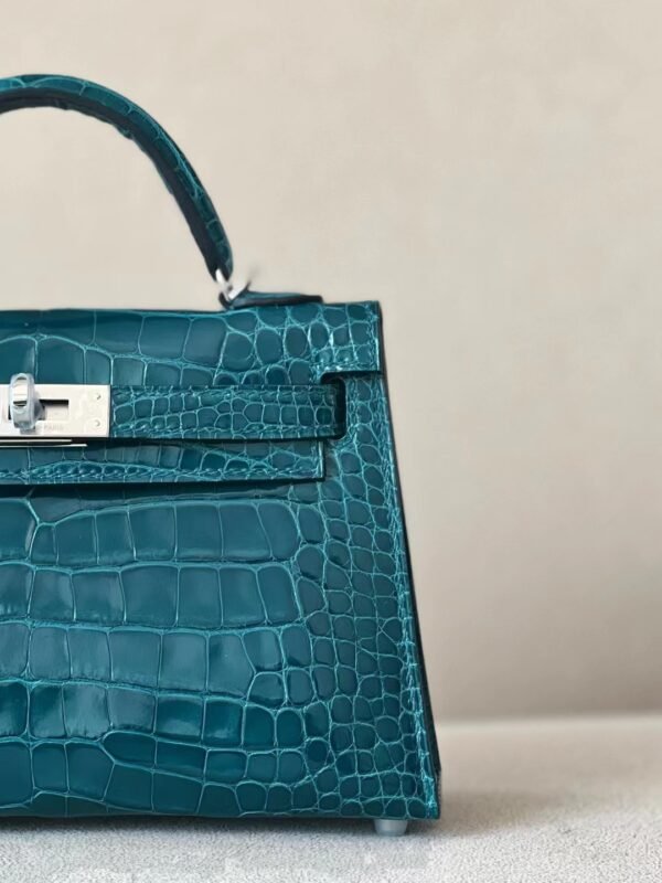 Hermes Mini Kelly Shiny Alligator crocodile WO Blue Green Silver Hardware 19cm Full Handmade