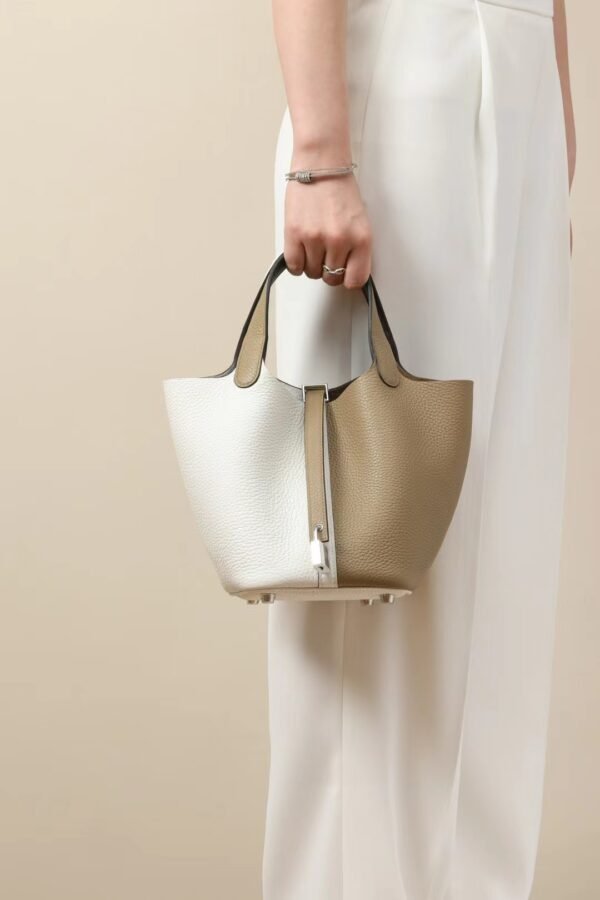 GPC Mode Picotin TC Leathrer Tea Brown & 01 White Silver Hardware 18cm Full Handmade