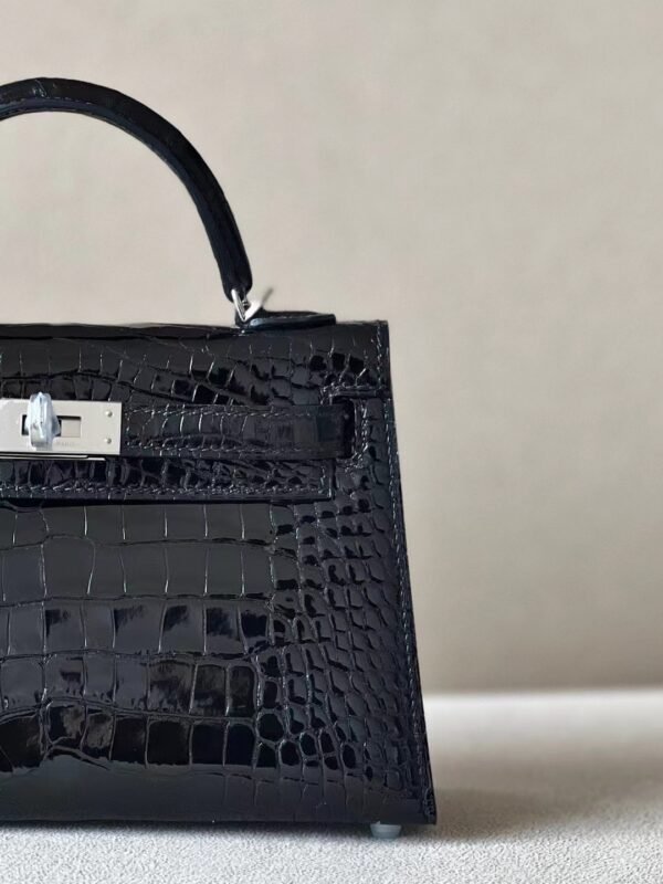 Hermes mini Kelly Shiny Wild Alligator crocodile CK89 Black Silver Hardware 19cm Full Handmade