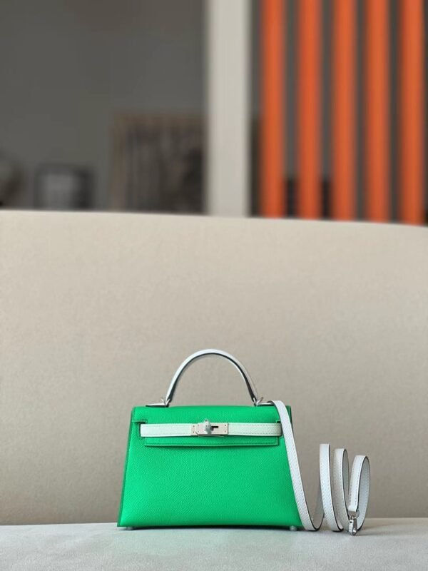 139408026b01cf8-1 Hermès Mini Kelly Epsom 0Z Fresh Green & 0S Lgiht Green & M4 Creamy Grey Silver Hardware 19cm Full Handmade