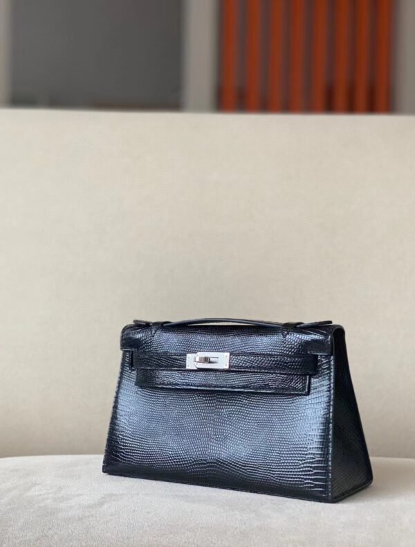 Hermès Kelly pochette Lizard CK89 Black Silver Hardware 22cm Full Handmade
