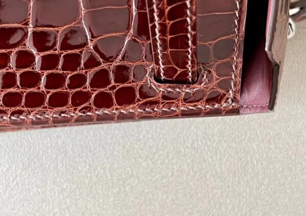 Hermes Mini Kelly Shiny Alligator crocodile Reddish Brown Silver Hardware 19cm Full Handmade