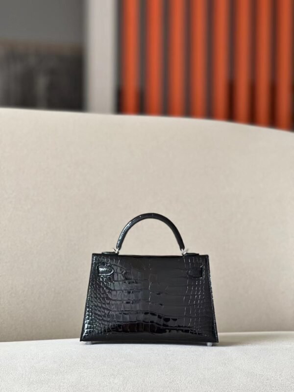 Hermes mini Kelly Shiny Wild Alligator crocodile CK89 Black Silver Hardware 19cm Full Handmade