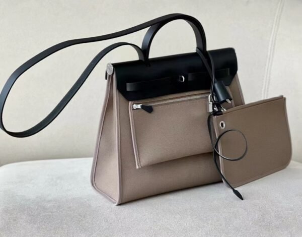 Hermes Herbag Barenia & Canvas CK18 Etoupe Grey & CK89 Black Outer seam Silver Hardware 31cm Full Handmade