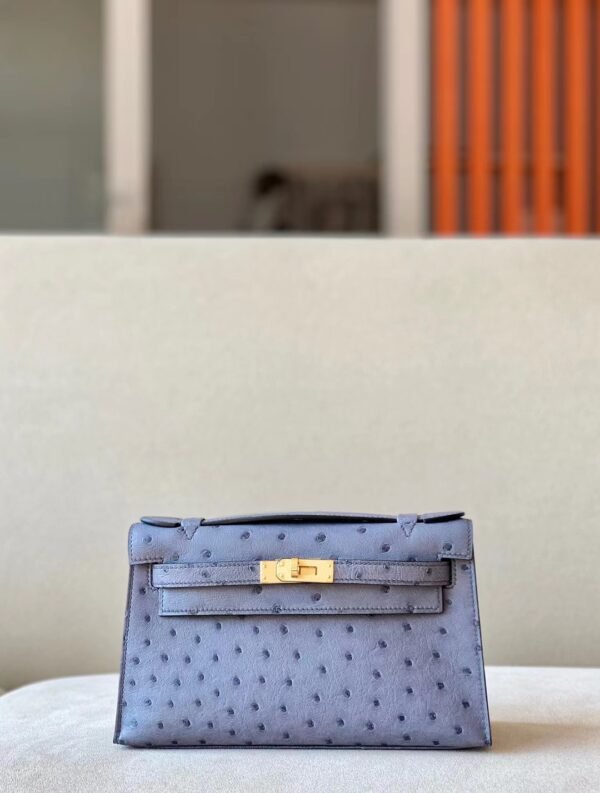 Hermes Mini Kelly pochette Ostrich 82 Agate grey Gold Hardware 22cm Full Handmade