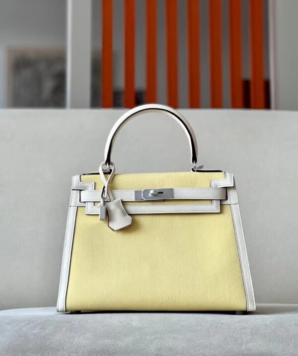 16a28df4a7a13e1-1 Hermes Kelly Swift & Canvas 1Z Light Yellow & Creamy White Silver Hardware 28cm Full Handmade