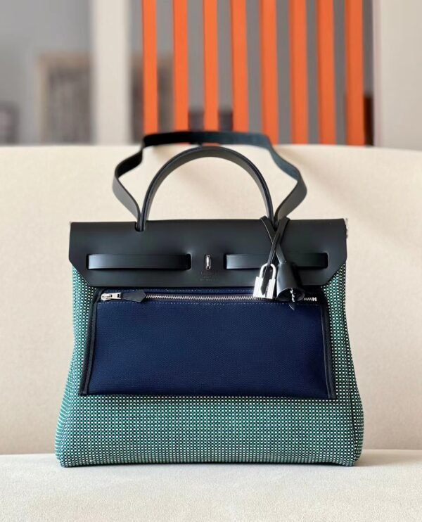 1702a4222eda168 Hermes Herbag Barenia & Canvas Green blue white knit Black & Deep Blue Silver Hardware 31cm Full Handmade