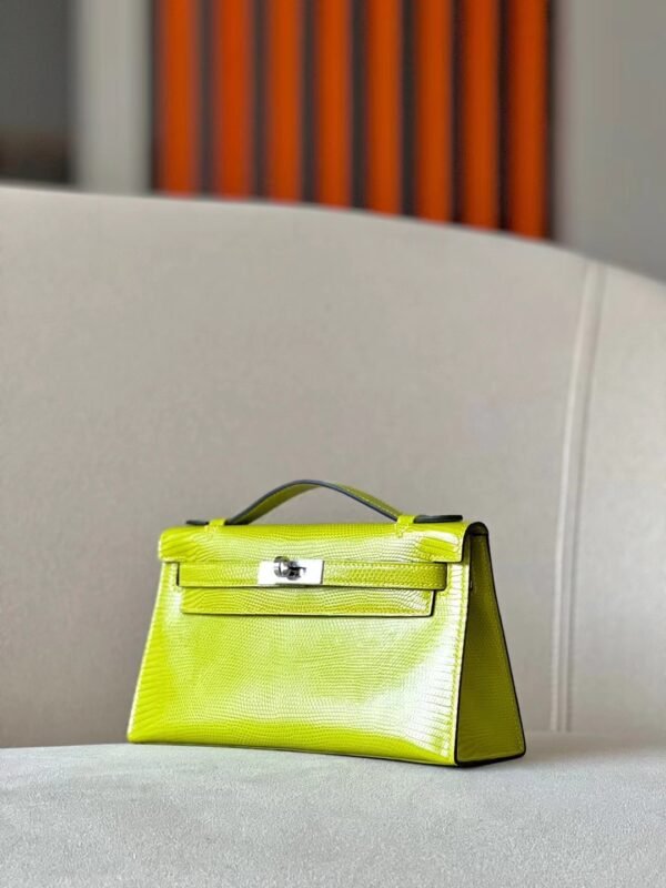 Hermes Mini Kelly pochette Lizard Leather 66 yellow-green Silver Hardware 22cm Full Handmade
