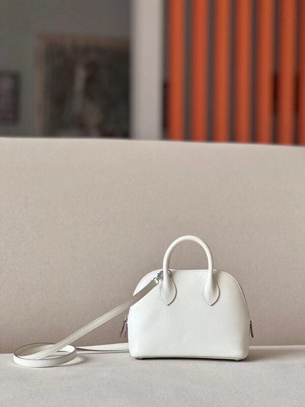 Hermès Mini Bolide Evercolor 0T Mushroom white & CK37 Golden Brown & 09 Purple Silver Hardware 18cm Full Handmade