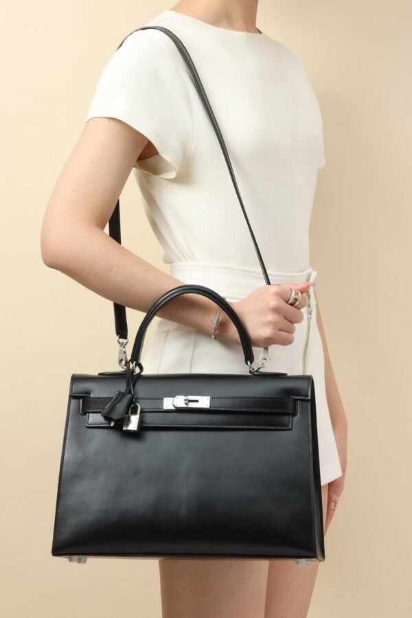 GPC Mode Kelly Shiny Box Leather CK89 Black Silver Hardware 35cm Full Handmade