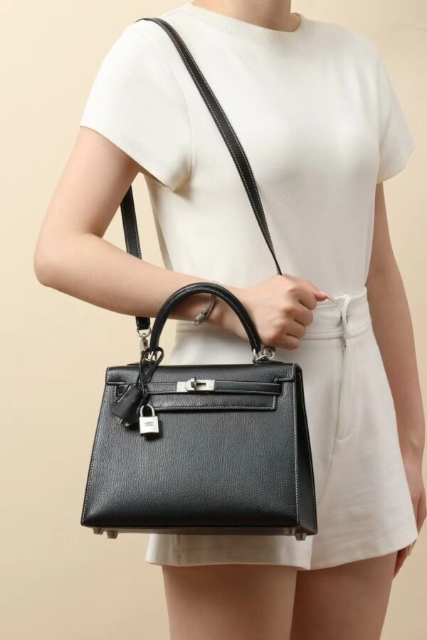 GPC Mode Kelly Chevre CK89 Black & CK80 Pearl grey Silver Hardware 25cm Full Handmade