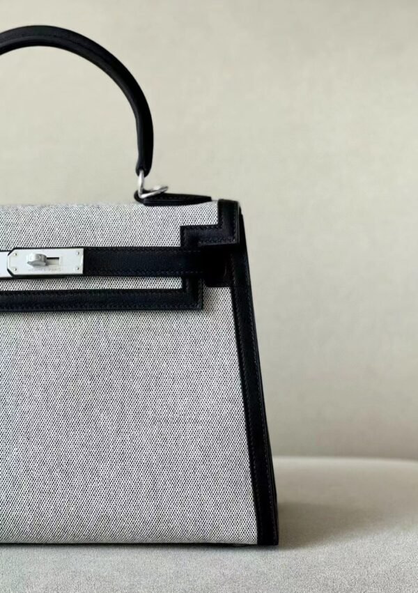 Hermes Kelly swift & canvas CK89 Black Silver Hardware 28cm Full Handmade