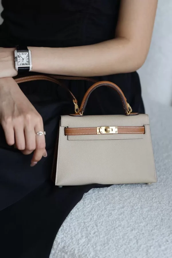 GPC Mode Mini Kelly Epsom S2 Light Khaki & CK37 Golden Brown Gold Hardware 19cm Full Handmade