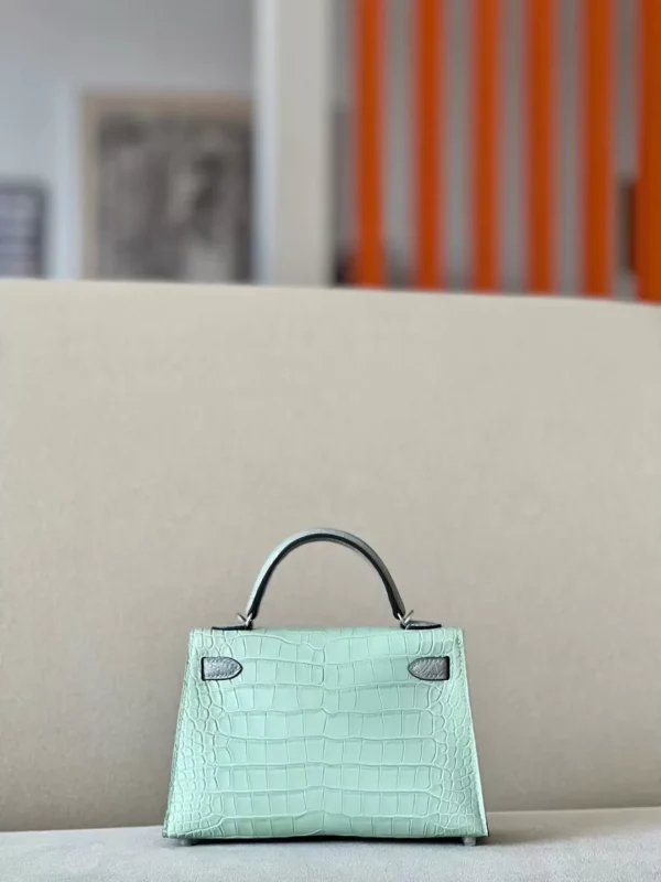 Hermès Mini Kelly Matte Alligator crocodile 6U Mint green & 80 Pearl grey Silver Hardware 19cm Full Handmade