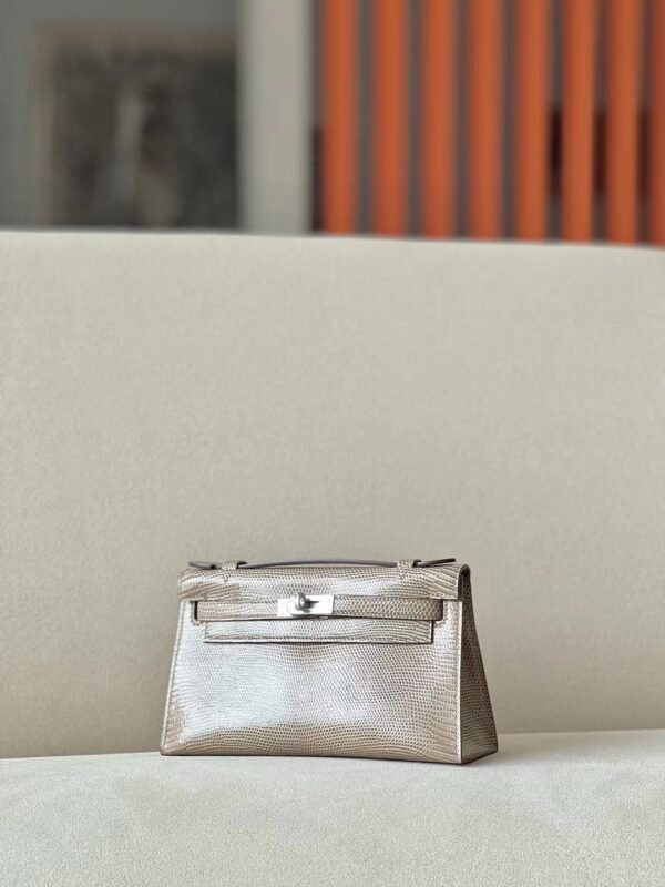 Hermes mini Kelly pochette Lizard CC17 Twine grey Silver Hardware 22cm Full Handmade