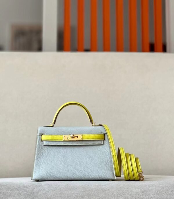 Hermès mini Kelly Chevre 80 Pearl grey & 9R Lemon yellow Gold Hardware 19cm Full Handmade