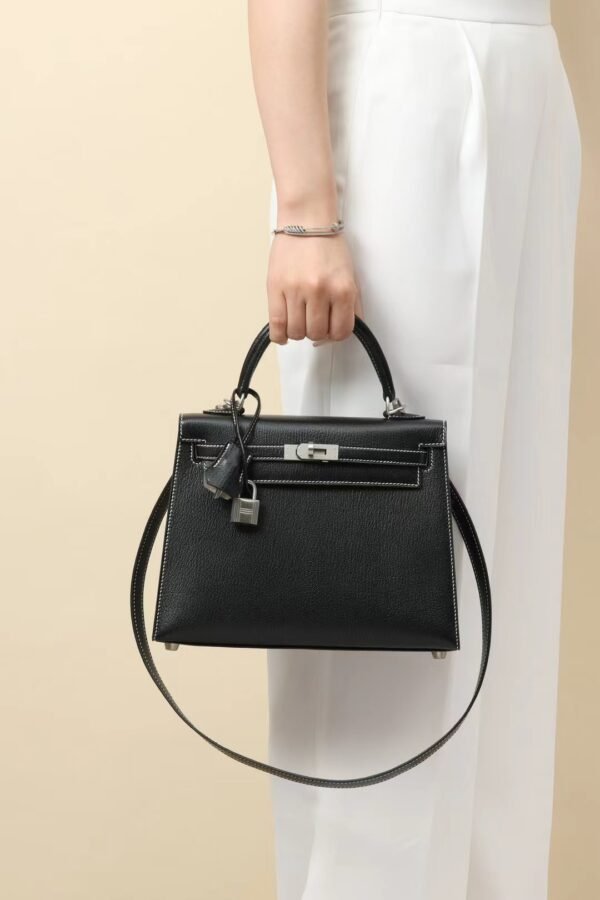 GPC Mode Kelly Chevre CK89 Black & CK80 Pearl grey Silver Hardware 25cm Full Handmade