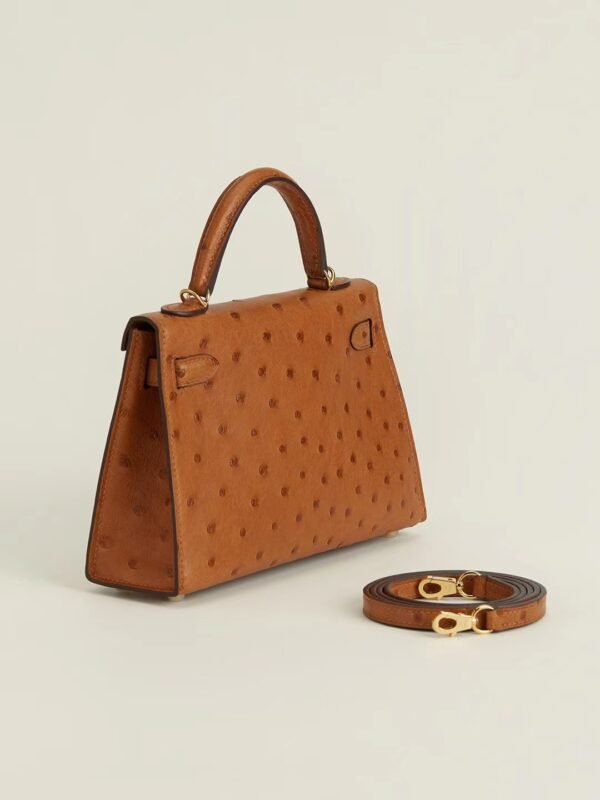 GPC Mode mini kelly Ostrich Leather Golden brown Gold Hardware 19cm Full Handmade