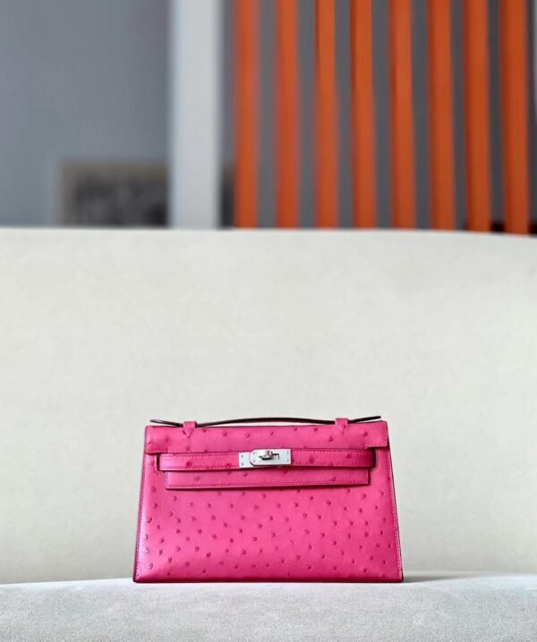 Hermes Mini Kelly pochette Ostrich E5 Candy Pink Silver Hardware 22cm Full Handmade