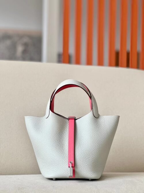 Hermes Picotin TC & Swift 80 Pearl grey & U5 lipstick pink Silver Hardware 18cm Full Handmade