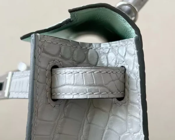 Hermès Mini Kelly Matte Alligator crocodile 6U Mint green & 80 Pearl grey Silver Hardware 19cm Full Handmade