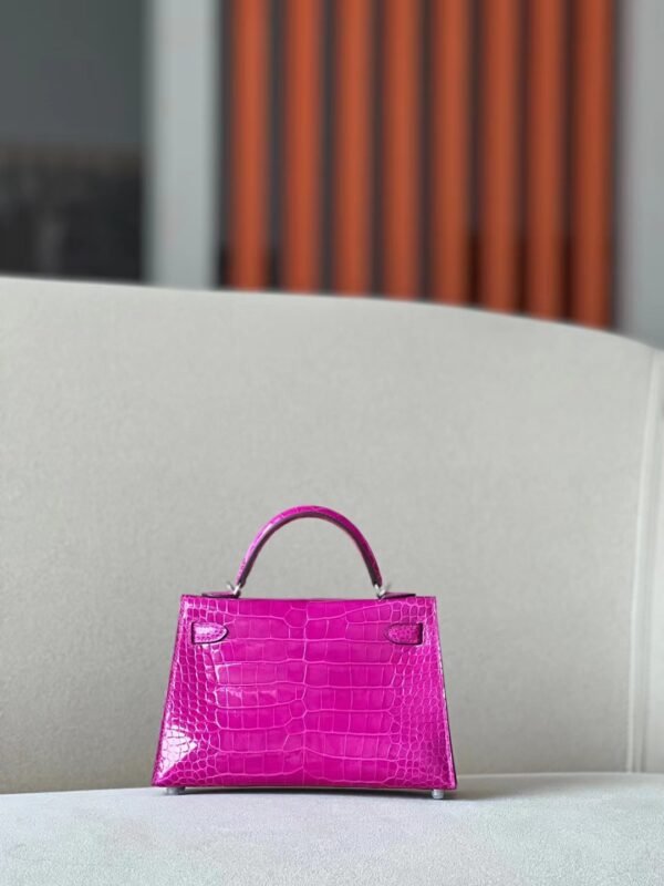 Hermes mini Kelly Shiny Wild Alligator crocodile Deep Rose Purple Silver Hardware 19cm Full Handmade