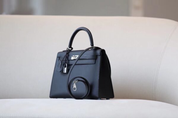 Hermès Kelly Epsom ck89 Black Silver Hardware 25cm Full Handmade