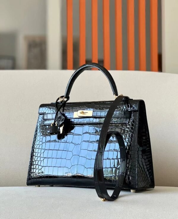 Hermes Kelly Shiny Porosus crocodile CK89 Black Gold Hardware 35cm Full Handmade